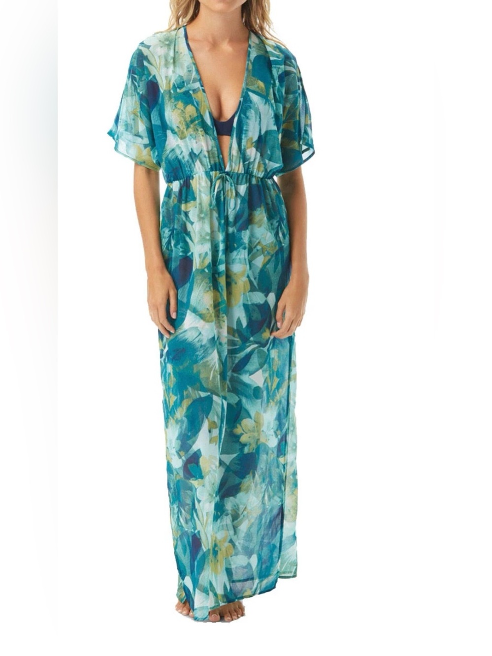 Vince Camuto Rainforest Printed Caftan Swim Cover-Up Maxi Blue Green Floral L